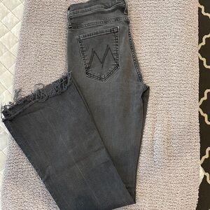 MOTHER Women's High-Rise Black Washed Frayed Hem Flare Jeans